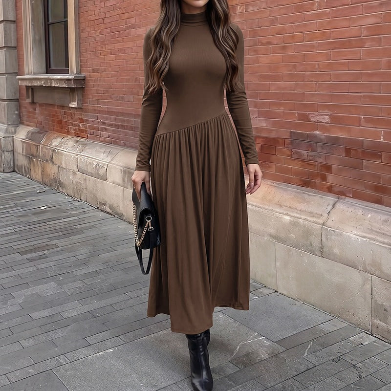 Women's Mock Neck Long Sleeve Pleated Knit Dress in Coffee Brown, front view