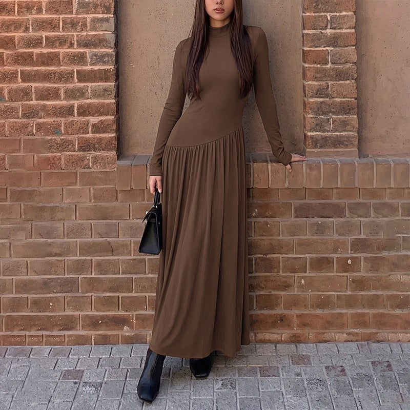 Women's Mock Neck Long Sleeve Pleated Knit Dress in Coffee Brown, front view