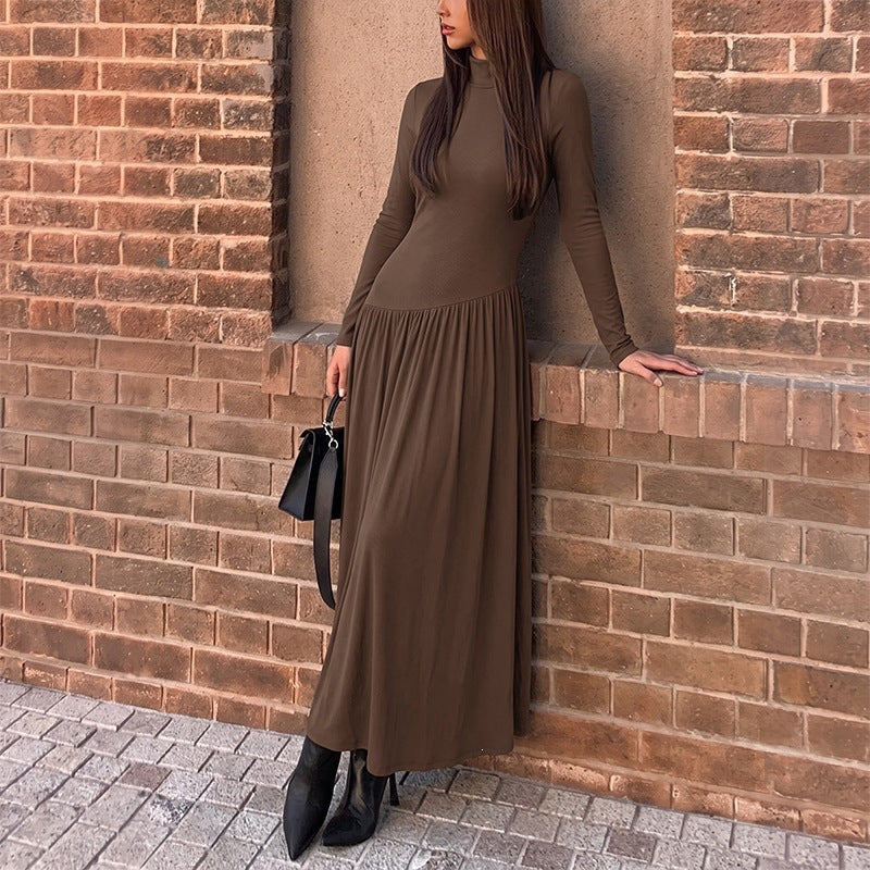 Women's Mock Neck Long Sleeve Pleated Knit Dress in Coffee Brown, front view