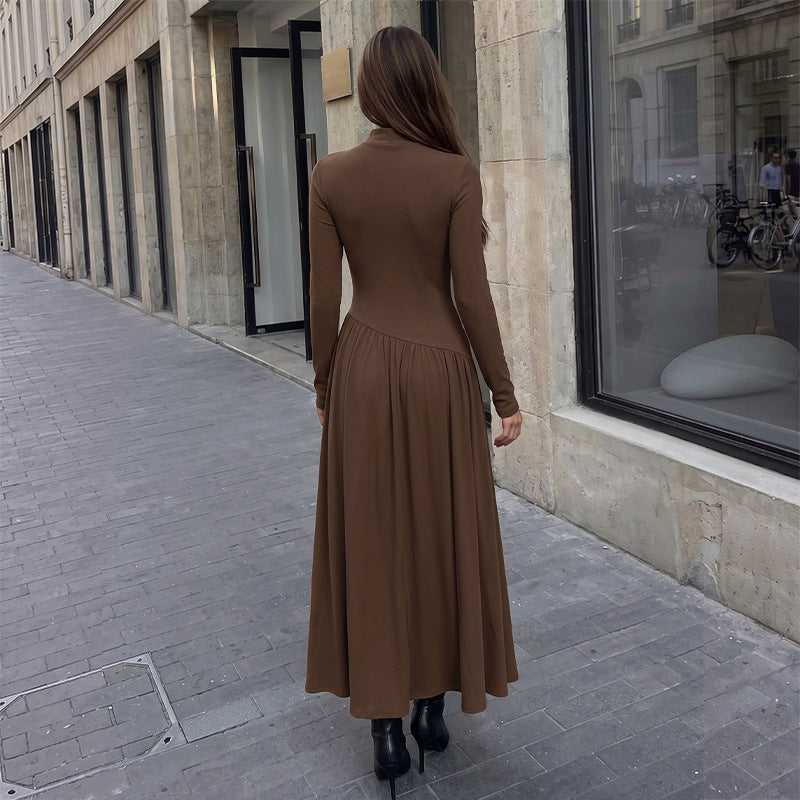 Women's Mock Neck Long Sleeve Pleated Knit Dress in Coffee Brown, back view