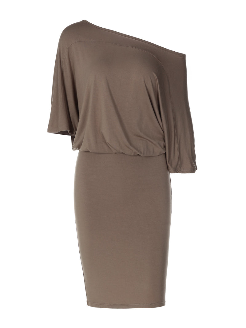 Women's Off-Shoulder Batwing Sleeve Ruched Dress in Khaki, side view