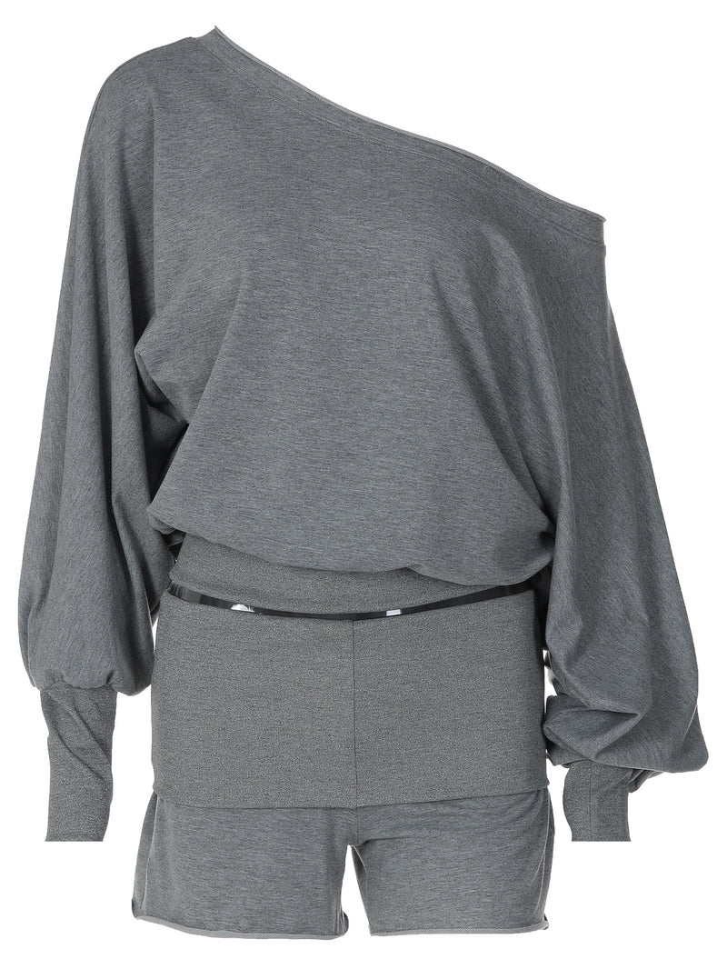 Women's Off-Shoulder Sweatshirt Two-Piece Shorts Set in Grey, side view