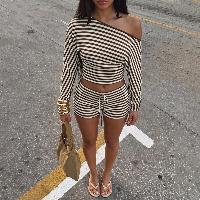 Women's One-Shoulder Striped Two-Piece Shorts Set in Coffee, front view