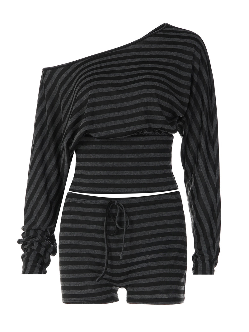 Women's One-Shoulder Striped Two-Piece Shorts Set in Grey, side view