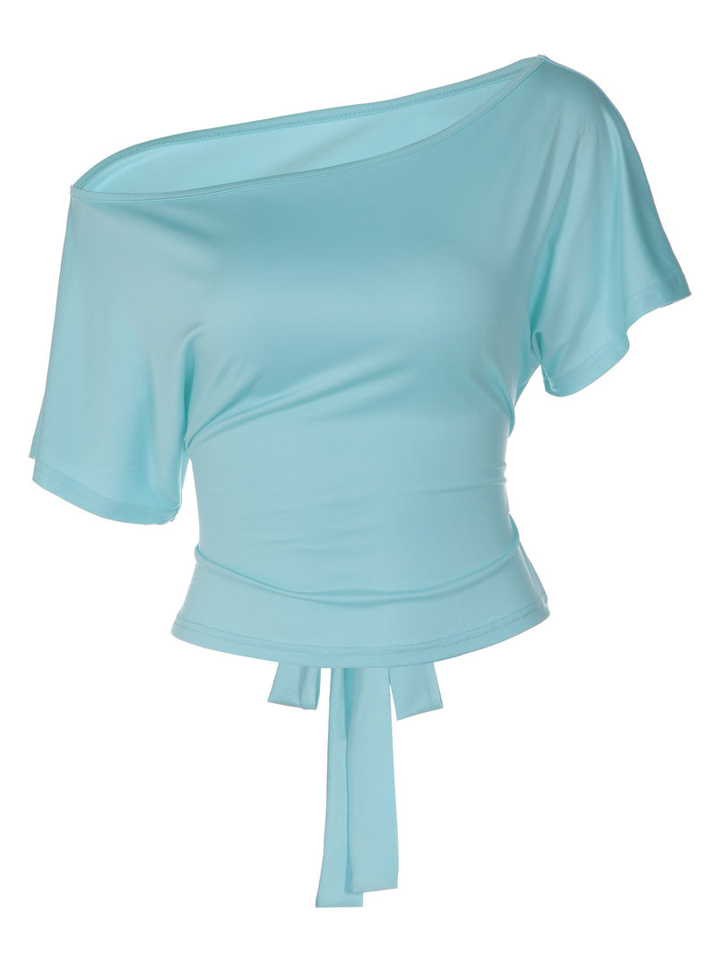 Women's One-Shoulder Tie-Waist Slim Fit Top in Mint, front view