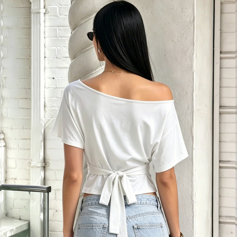 Women's One-Shoulder Tie-Waist Slim Fit Top in White, back view