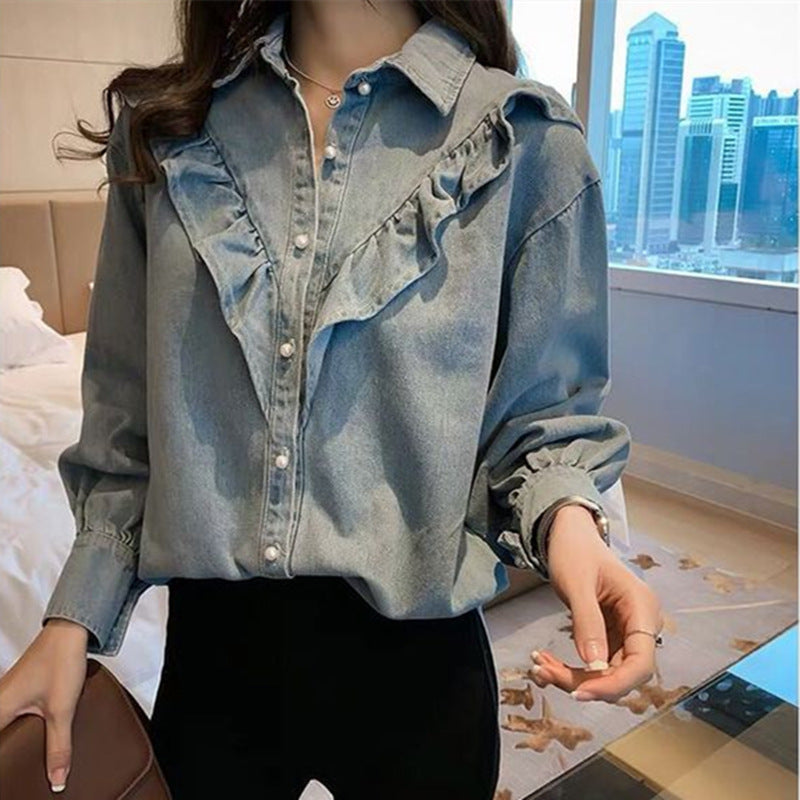 Women's Oversized Ruffle-Front Denim-Style Shirt in Light Blue, front view