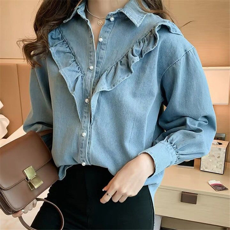 Women's Oversized Ruffle-Front Denim-Style Shirt in Light Blue, front view