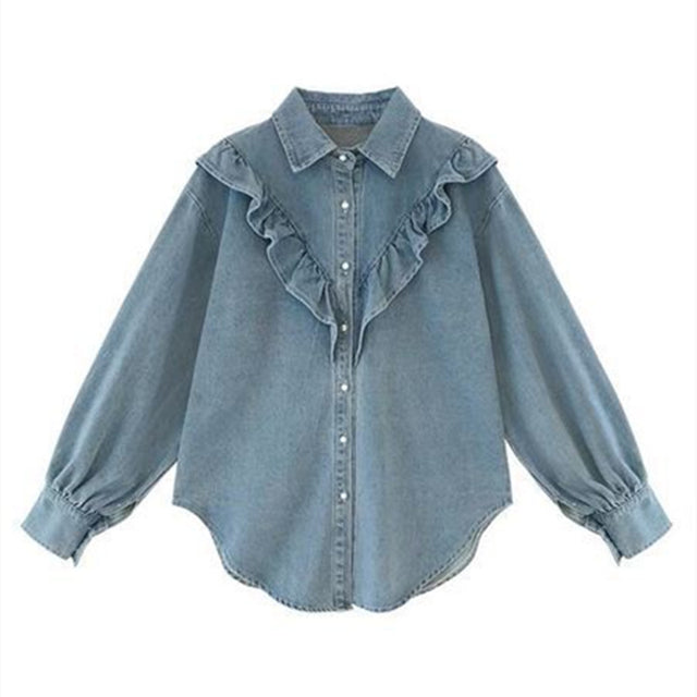 Women's Oversized Ruffle-Front Denim-Style Shirt in Light Blue, front view