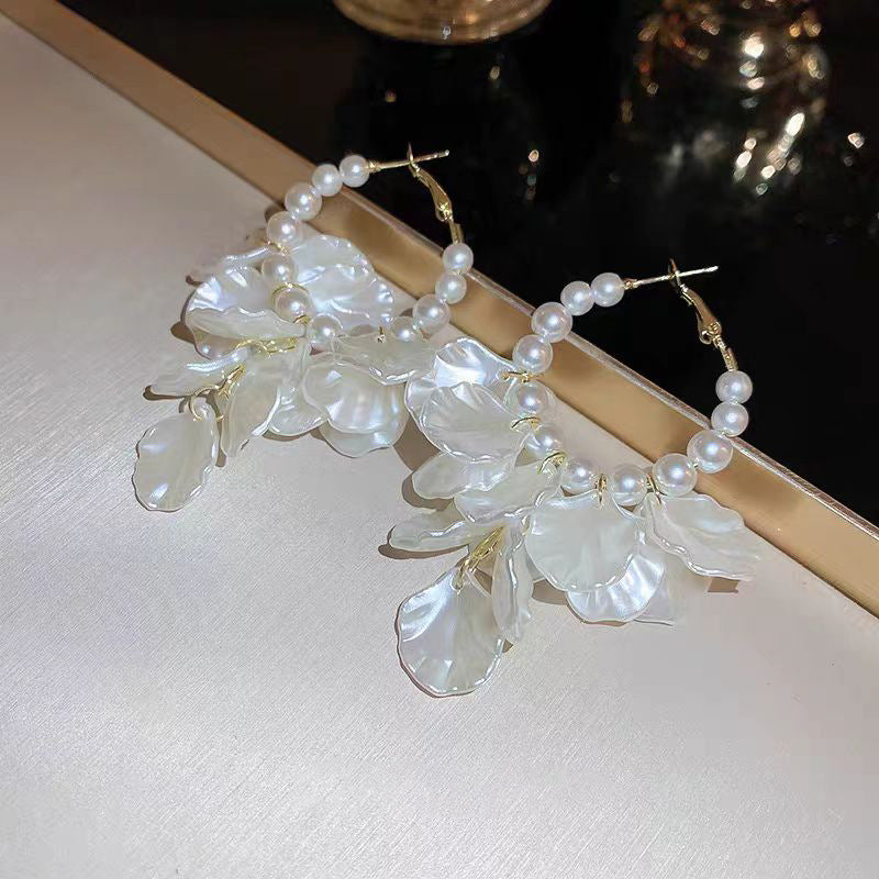 Women's Pearl Shell Tassel Statement Earrings in Ivory, front view