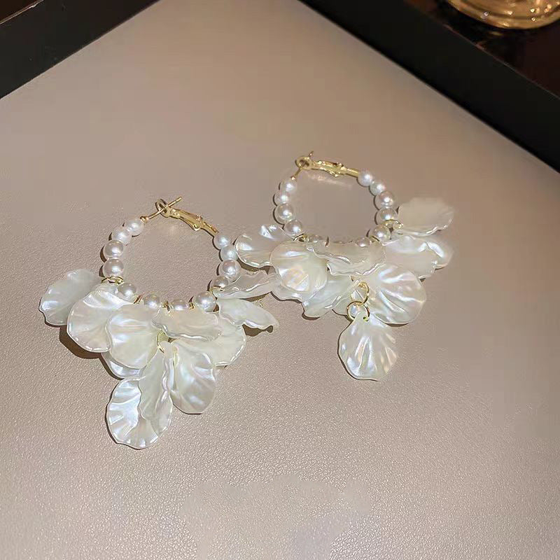 Women's Pearl Shell Tassel Statement Earrings in Ivory, front view