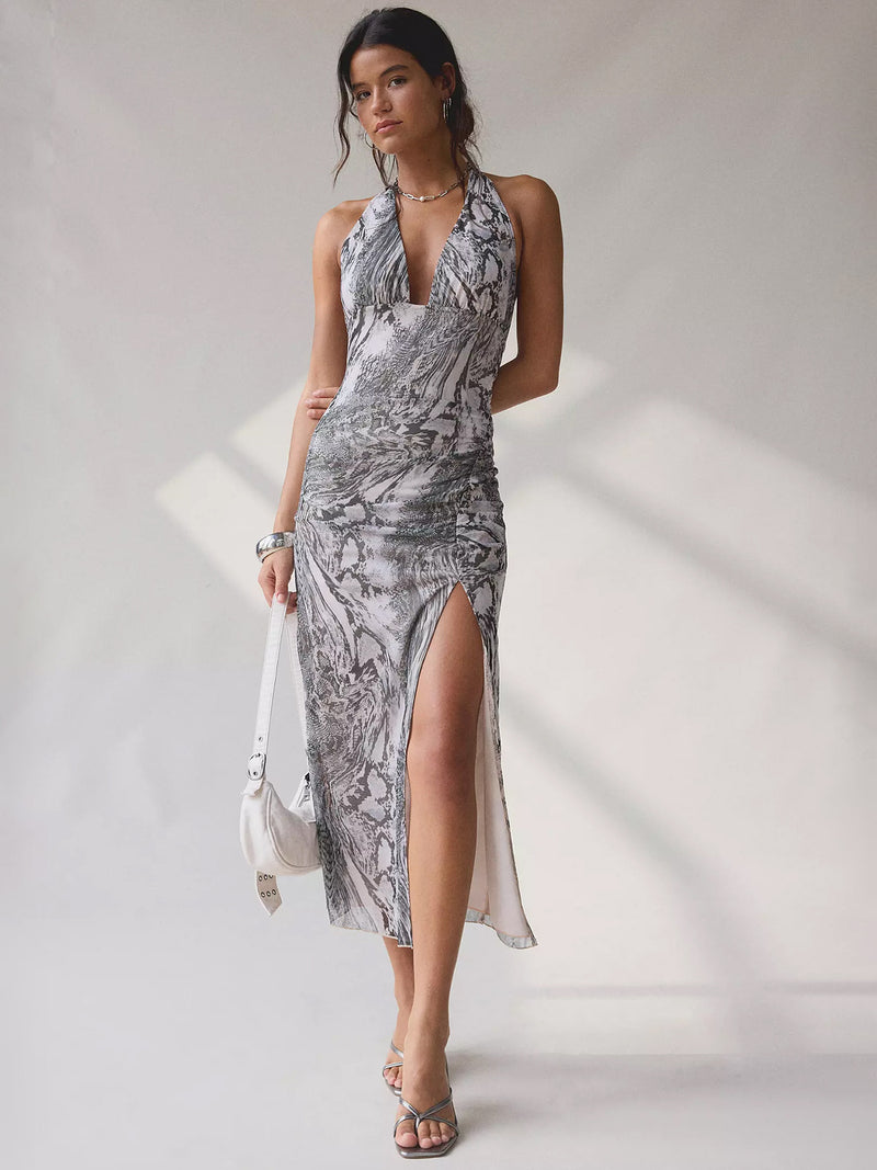 Women's Pleated Halter Neck Backless Maxi Dress, front view