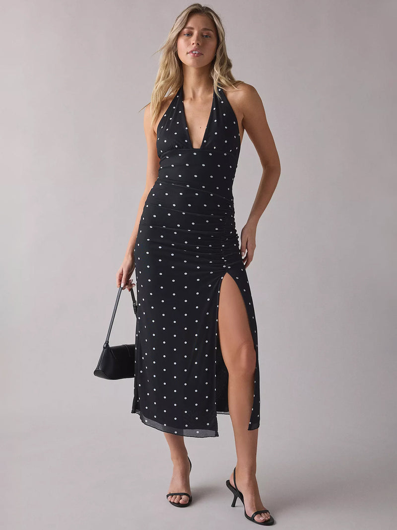 Women's Pleated Halter Neck Backless Maxi Dress in Black Polka Dots, front view