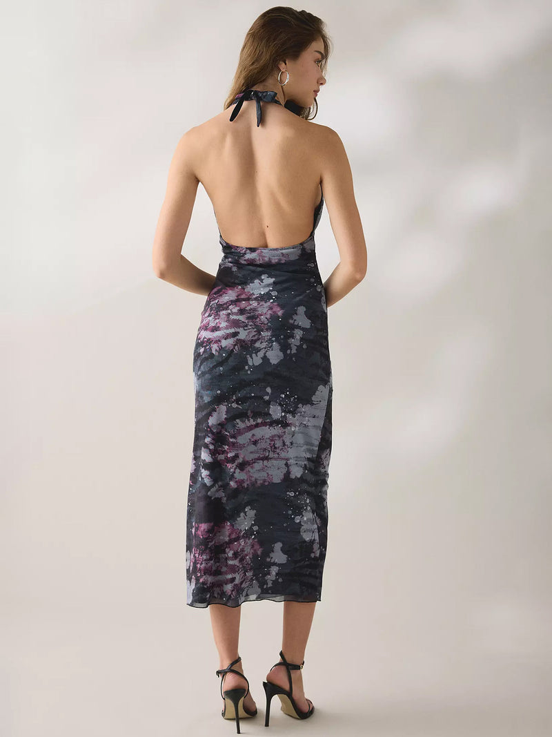 Women's Pleated Halter Neck Backless Maxi Dress in Black Print, back view