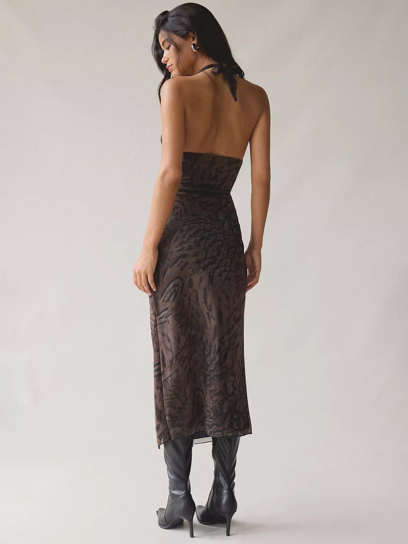 Women's Pleated Halter Neck Backless Maxi Dress in Brown, back view