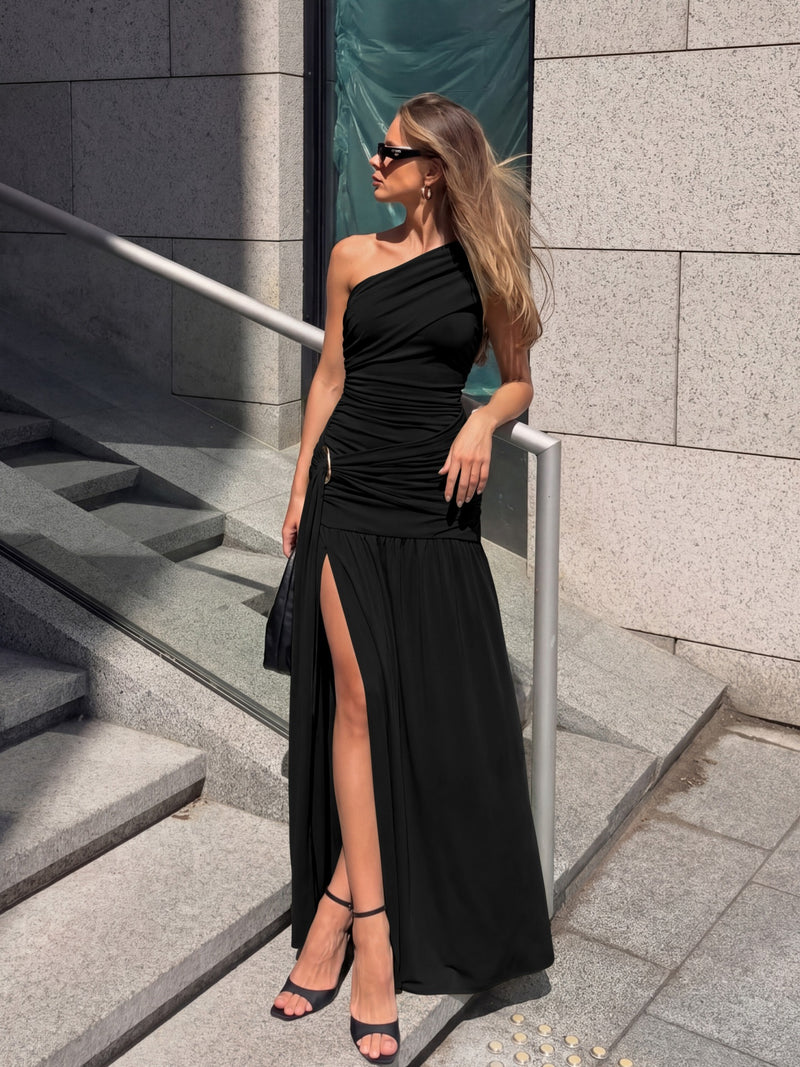 Women's Pleated One-Shoulder Slit A-Line Dress in Black, front view