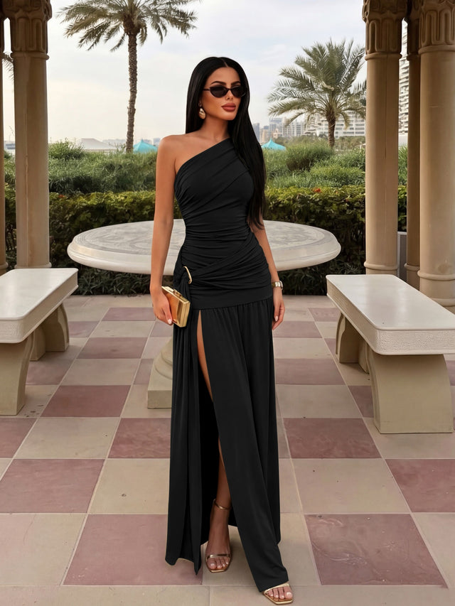 Women's Pleated One-Shoulder Slit A-Line Dress in Black, front view