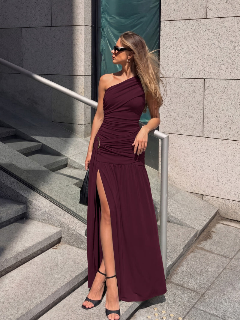 Women's Pleated One-Shoulder Slit A-Line Dress in Burgundy, front view