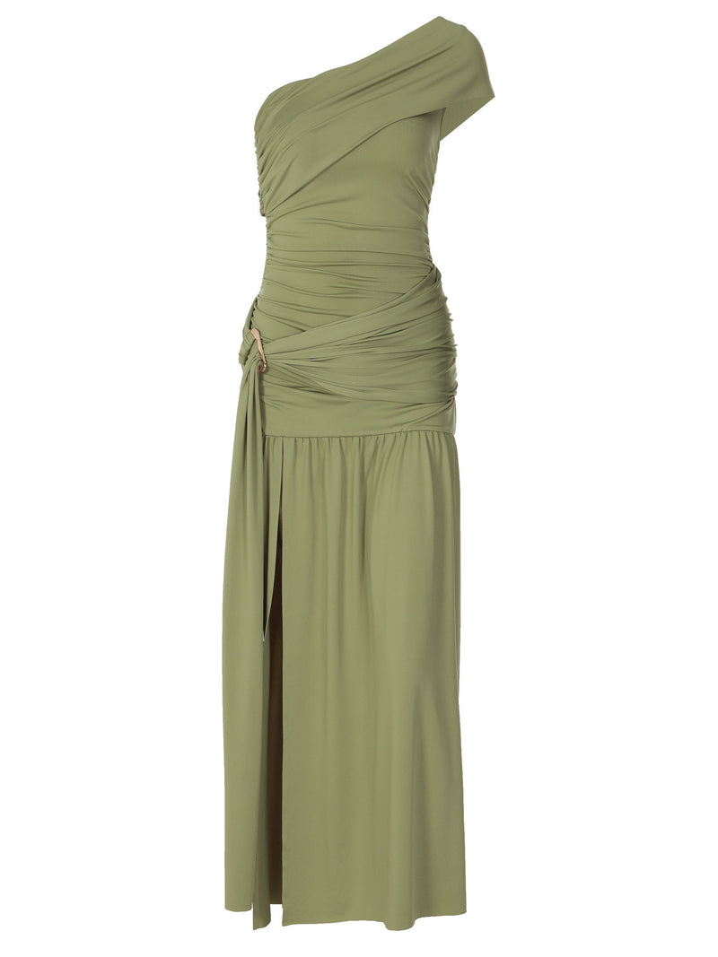 Women's Pleated One-Shoulder Slit A-Line Dress in Green, side view