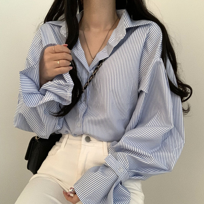 Women's Point Collar Striped Lantern Sleeve Shirt in Blue, front view