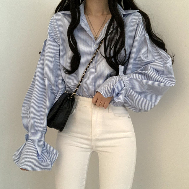 Women's Point Collar Striped Lantern Sleeve Shirt in Blue, front view