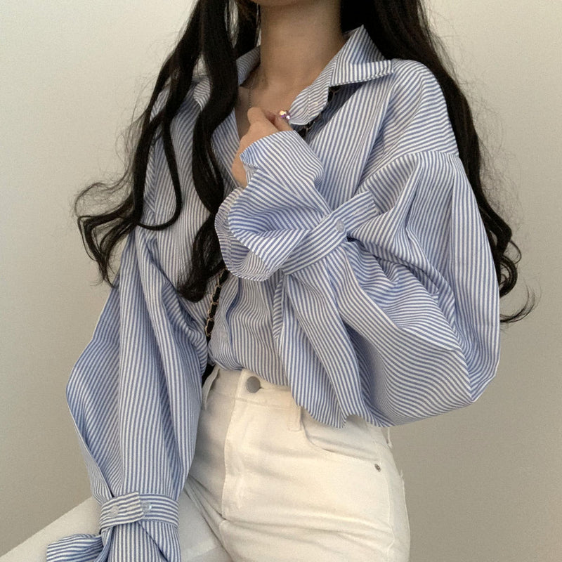 Women's Point Collar Striped Lantern Sleeve Shirt in Blue, front view