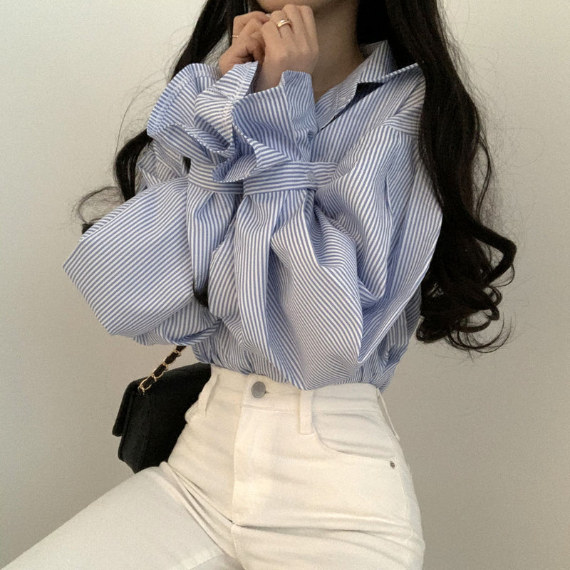 Women's Point Collar Striped Lantern Sleeve Shirt in Blue, front view