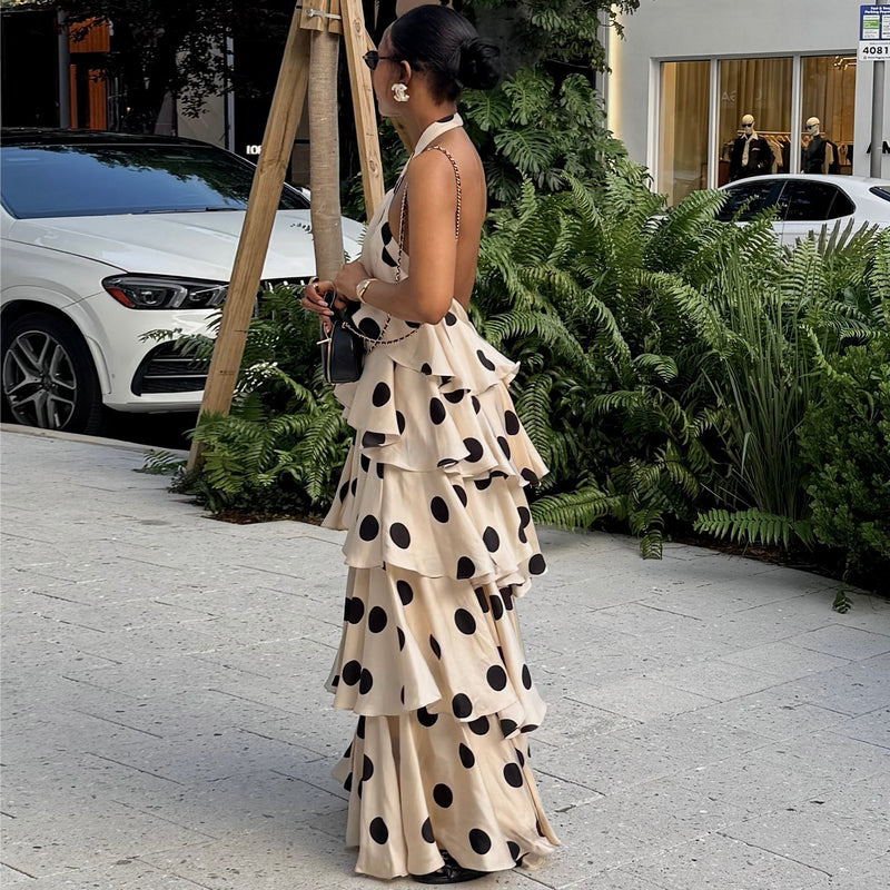 Women's Polka Dot Halter Backless Maxi Dress in Black Polka Dot, side view