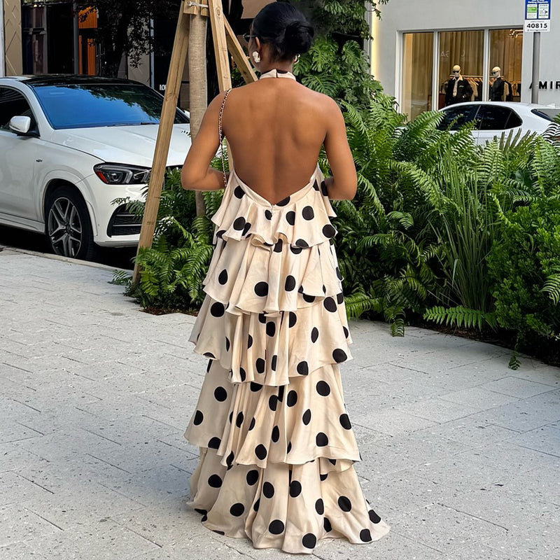 Women's Polka Dot Halter Backless Maxi Dress in Black Polka Dot, back view