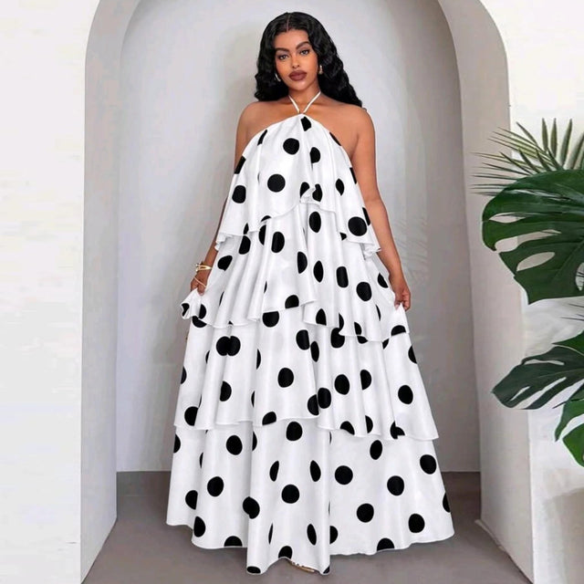 Women's Polka Dot Halter Backless Ruffle Maxi Dress in White Polka Dot, front view