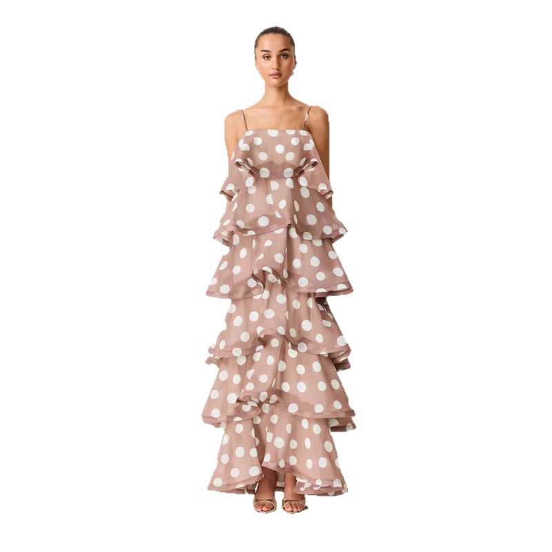 Women's Polka Dot Spaghetti Strap Tiered Midi Dress in Dusty Rose, front view