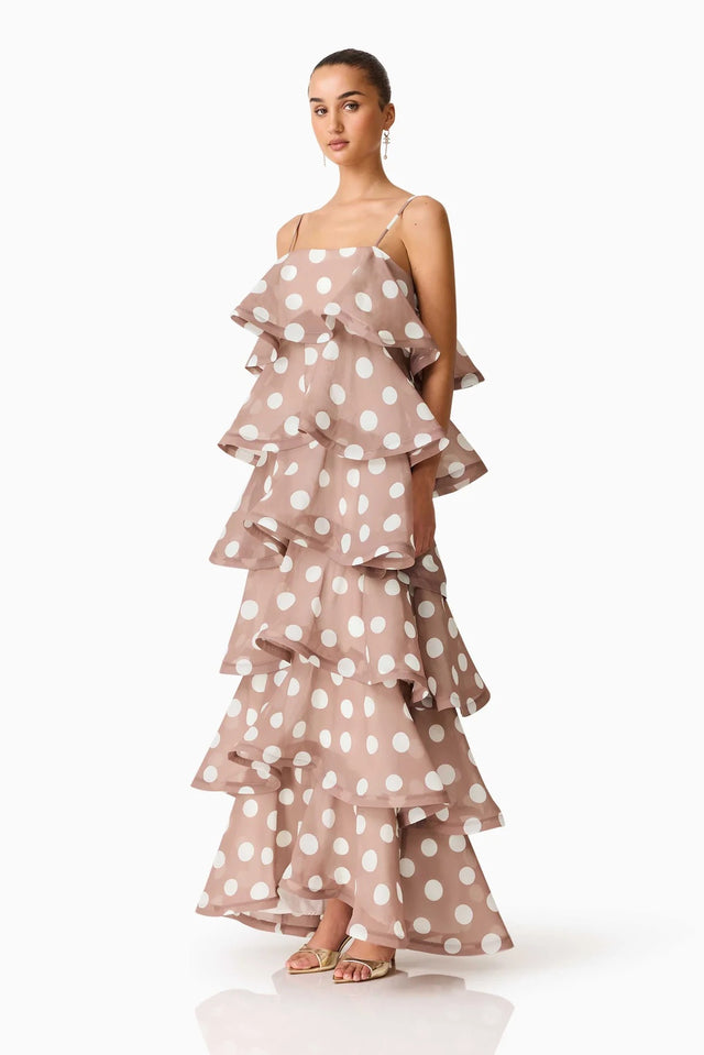 Women's Polka Dot Spaghetti Strap Tiered Midi Dress in Dusty Rose, front view
