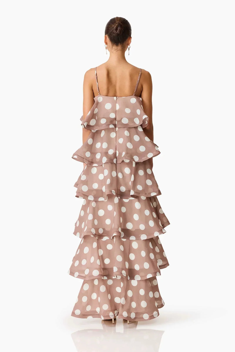 Women's Polka Dot Spaghetti Strap Tiered Midi Dress in Dusty Rose, back view
