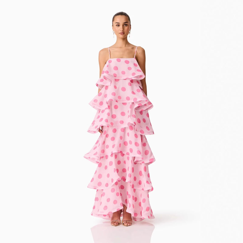 Women's Polka Dot Spaghetti Strap Tiered Midi Dress in Pink, front view