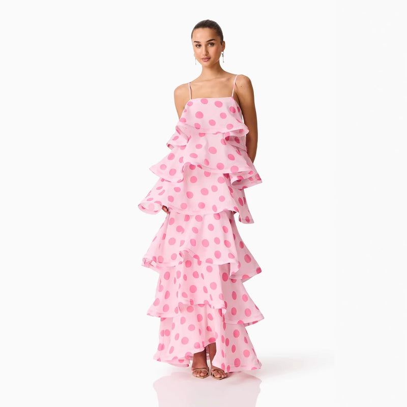 Women's Polka Dot Spaghetti Strap Tiered Midi Dress in Pink, front view