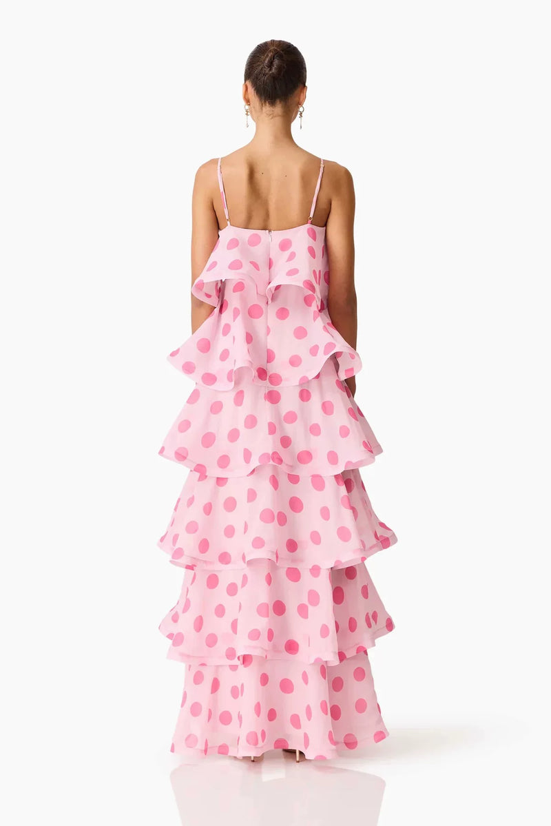 Women's Polka Dot Spaghetti Strap Tiered Midi Dress in Pink, back view