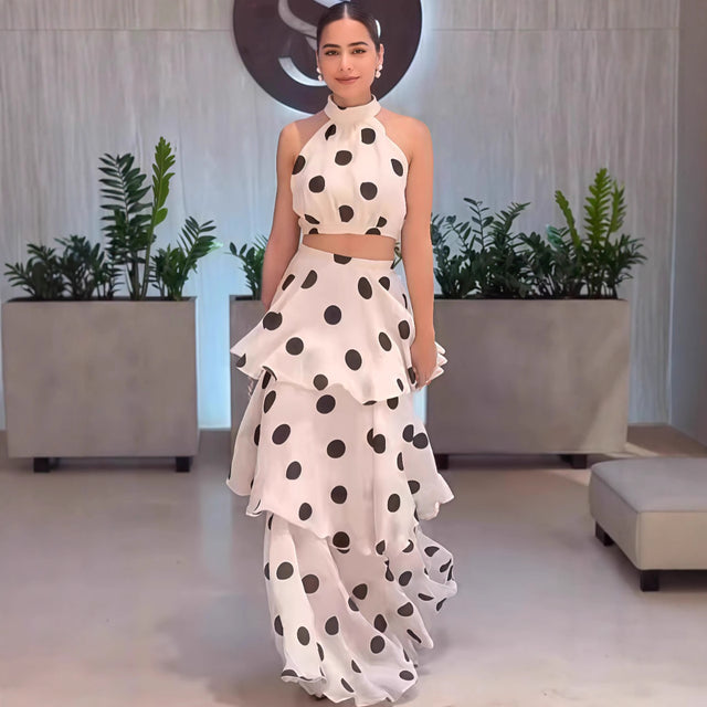 Women's Polka Dot Tiered Skirt Set in White, front view