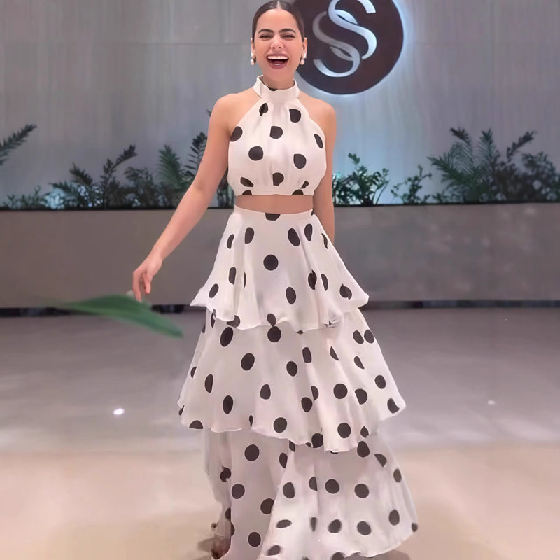 Women's Polka Dot Tiered Skirt Set in White, front view