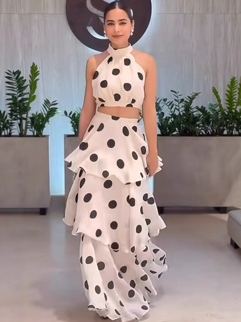 Women's Polka Dot Tiered Skirt Set in White, front view