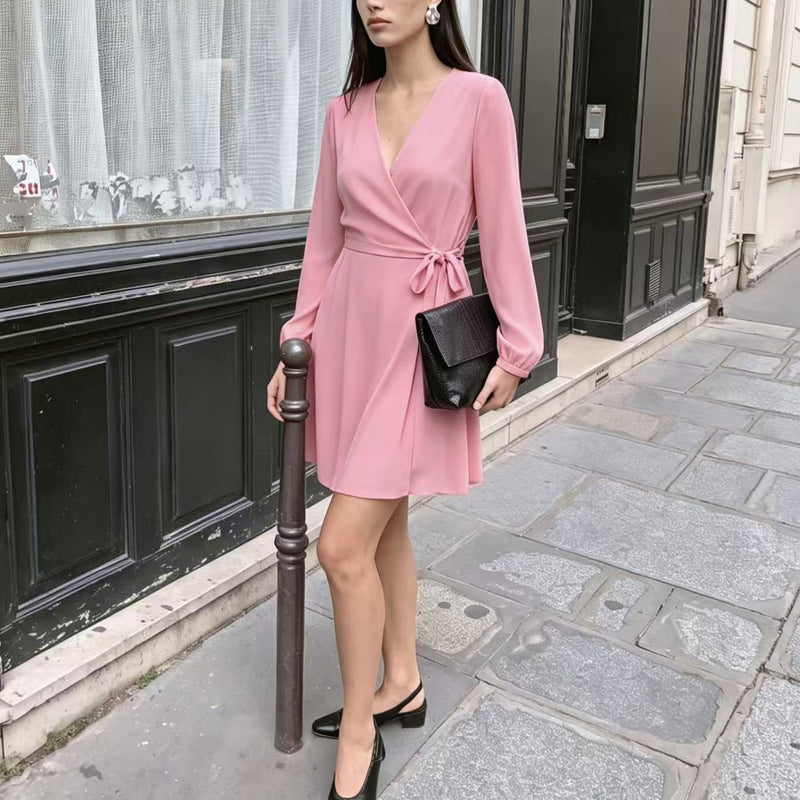 Women's Puff-Sleeve Tie-Waist V-Neck Wrap Dress in Pink, front view
