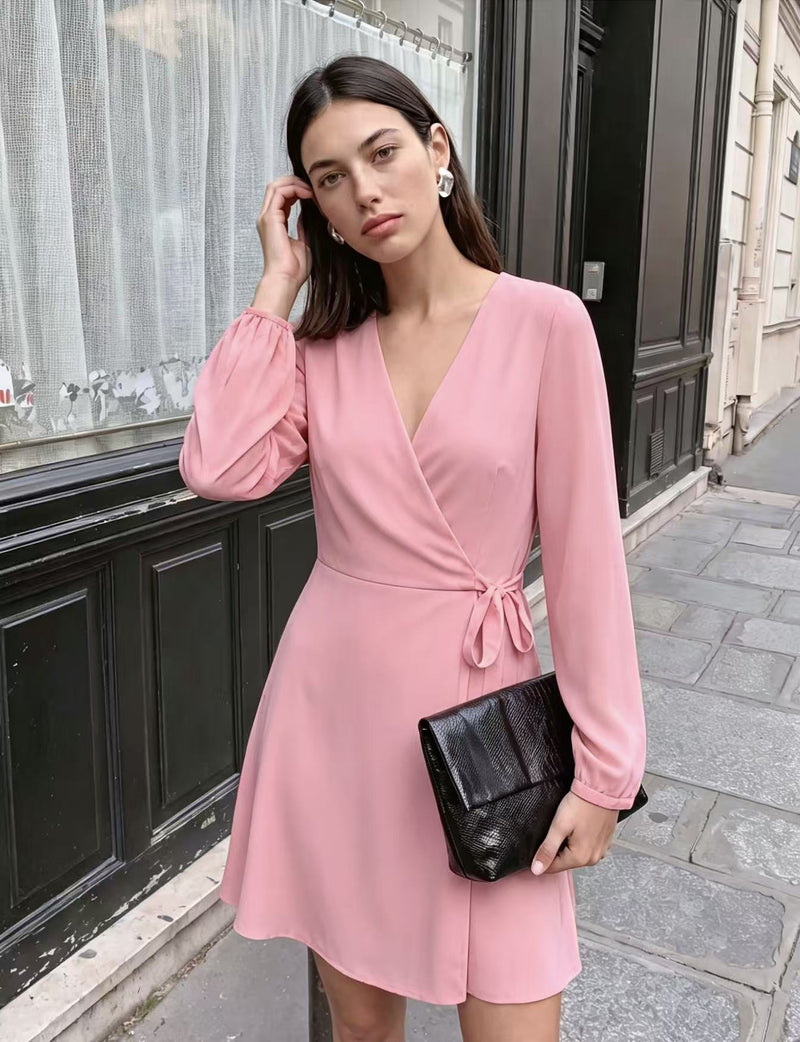 Women's Puff-Sleeve Tie-Waist V-Neck Wrap Dress in Pink, front view