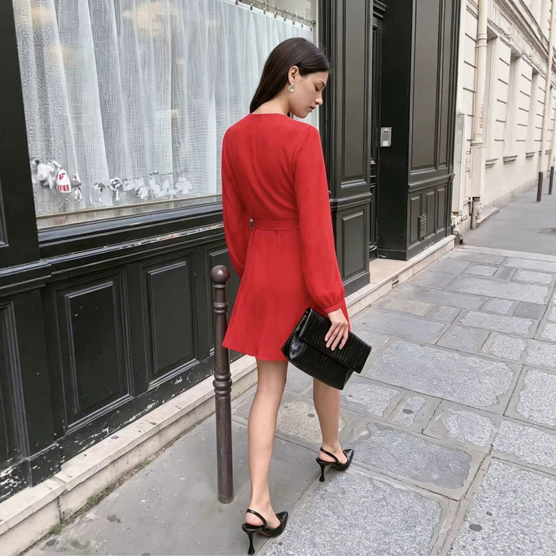 Women's Puff-Sleeve Tie-Waist V-Neck Wrap Dress in Red, back view