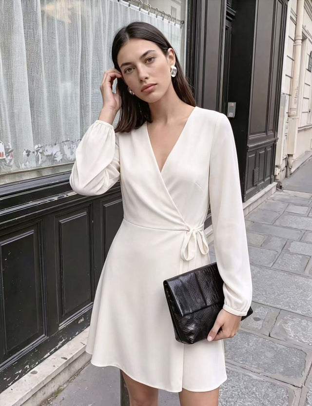 Women's Puff-Sleeve Tie-Waist V-Neck Wrap Dress in White, front view