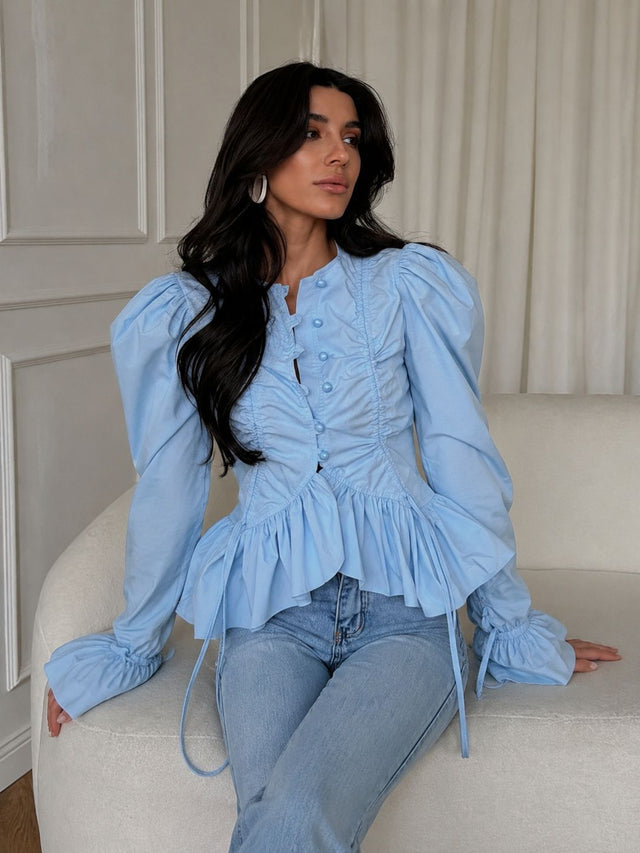 Women's Puff Sleeve V-Neck Ruffle Blouse in Sky Blue, front view