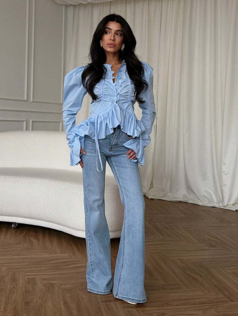 Women's Puff Sleeve V-Neck Ruffle Blouse in Sky Blue, front view