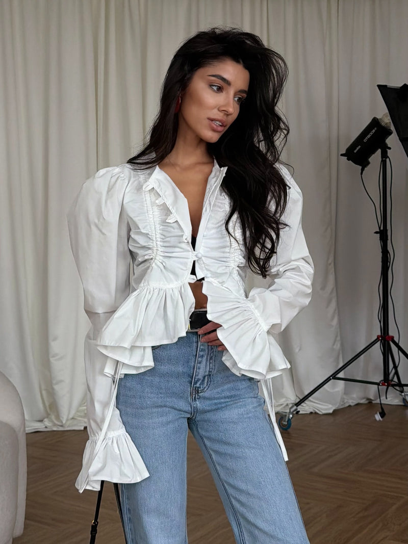 Women's Puff Sleeve V-Neck Ruffle Blouse in White, front view