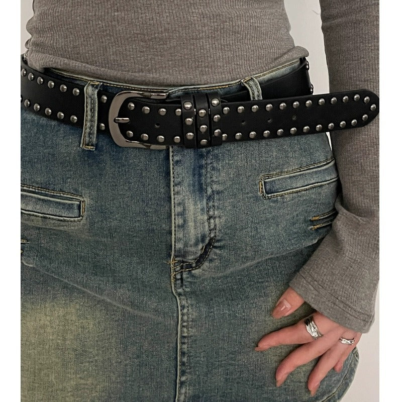 Women's Punk Rivet Western Belt in Black, front view