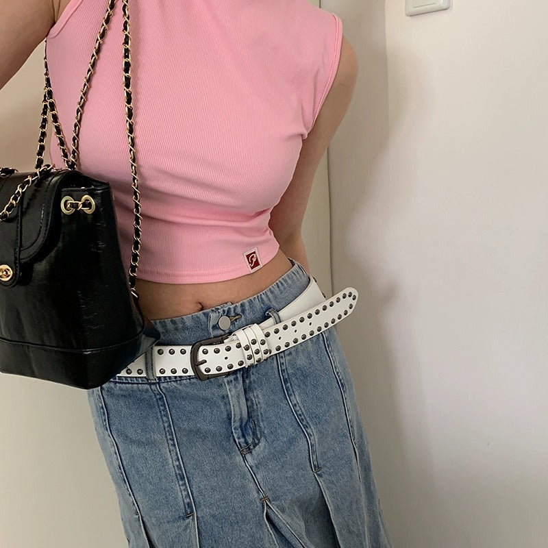 Women's Punk Rivet Western Belt in White, front view