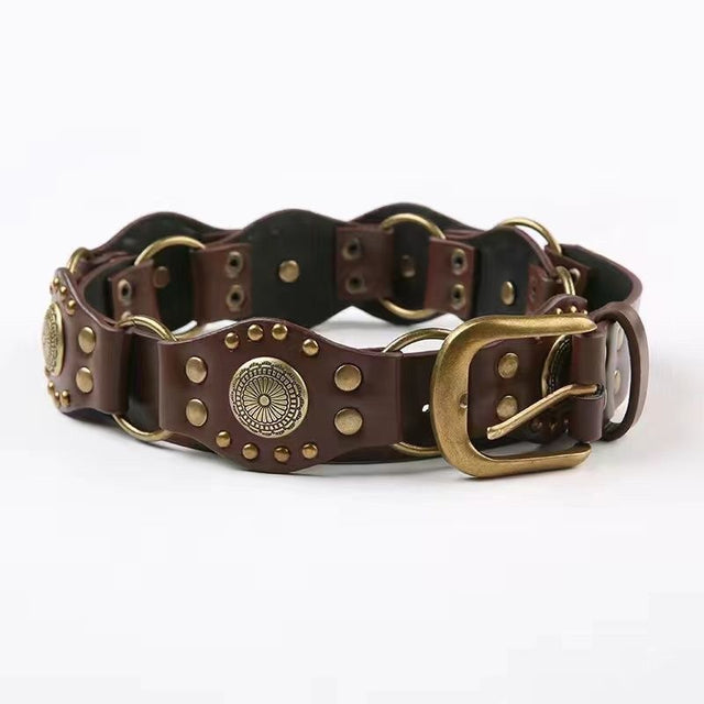 Women's Retro Rivet Wide Western Belt in Coffee, front view