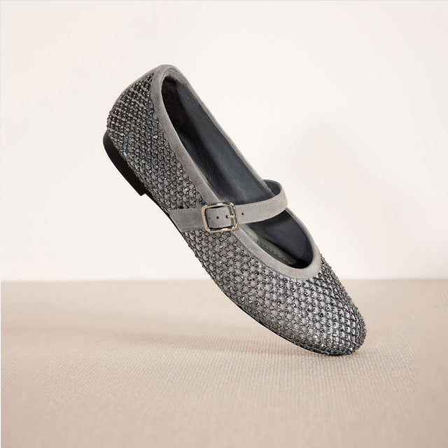 Women's Rhinestone Fishnet Mary Jane Flats in Gray, side view